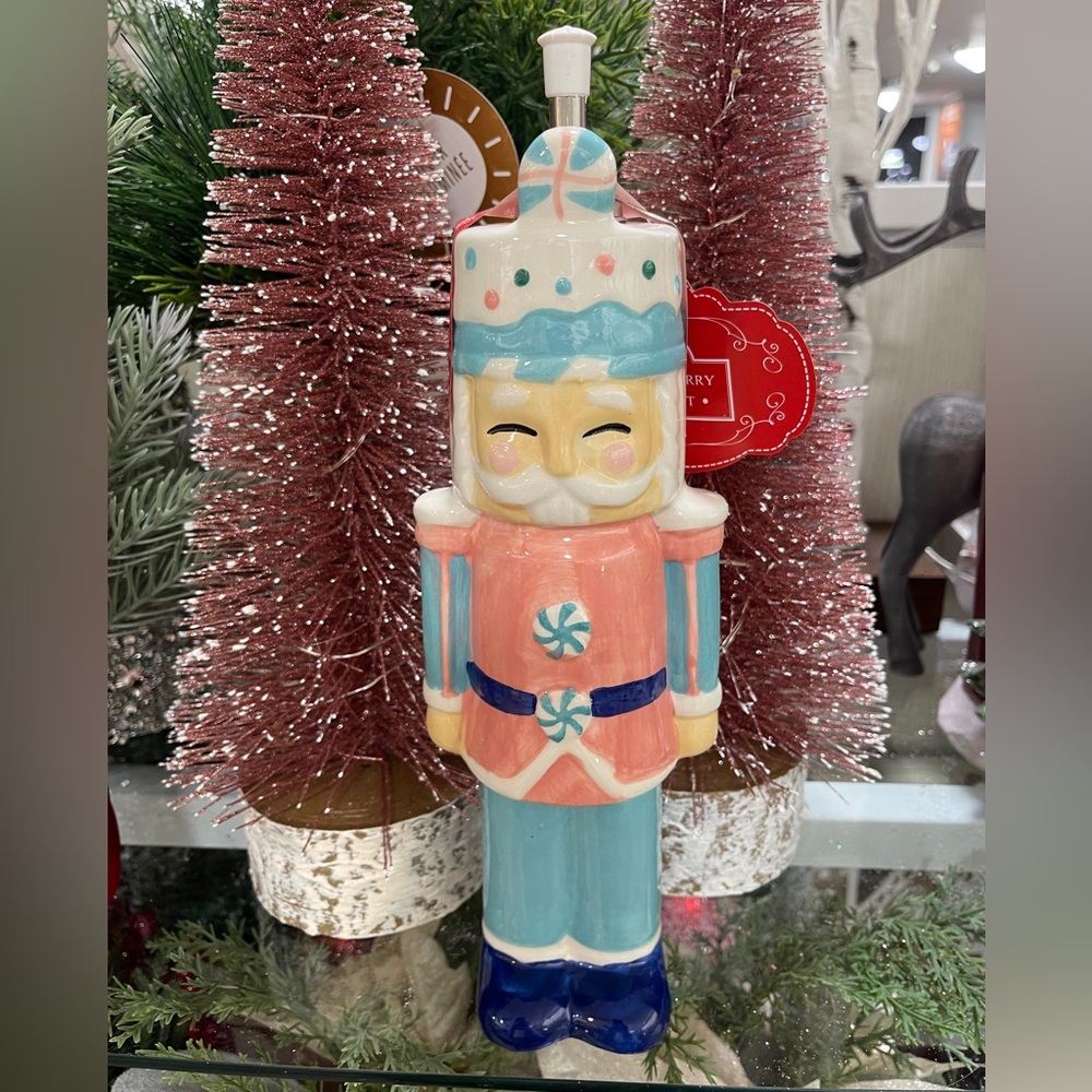 Pink Christmas Nutcracker Ceramic Oil & Vinegar Cruet Bottle NWT
